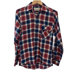 EE2- mens - plaid red and blue flannel top - mens size S - 14-14.5”